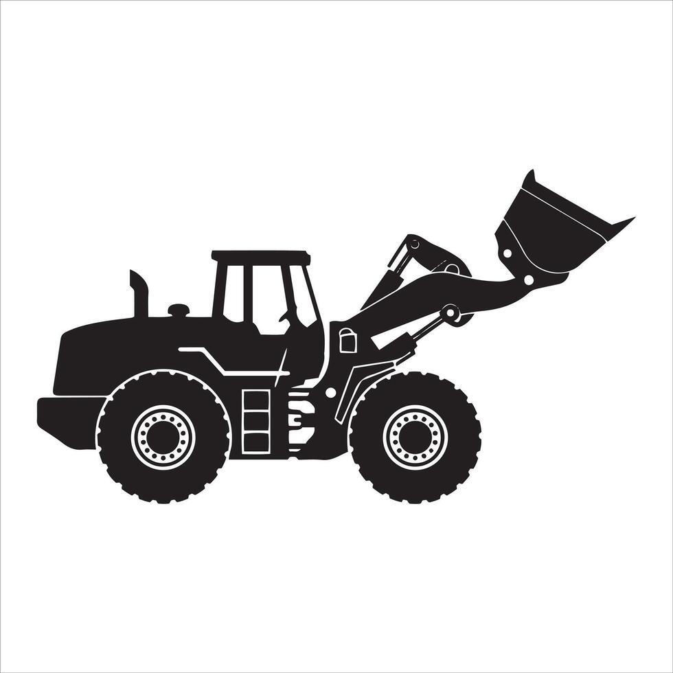 Heavy duty wheel loader with raised bucket in black and white vector