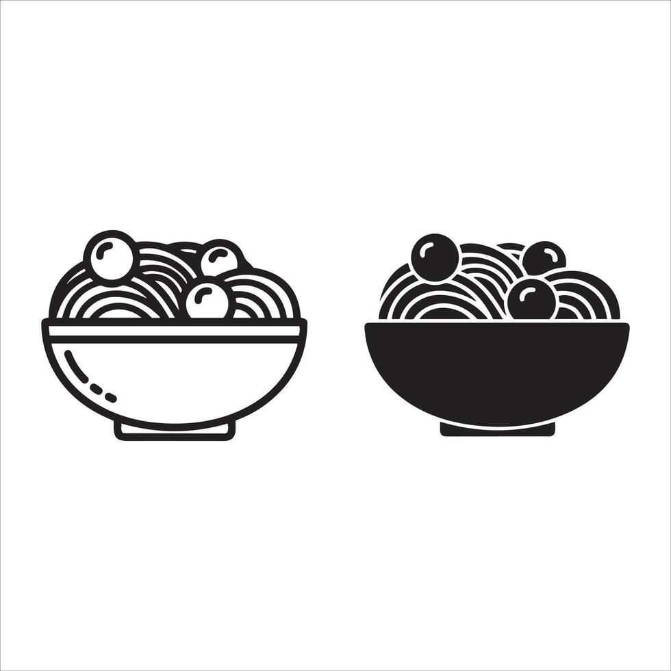 Simple line art and silhouette of spaghetti and meatballs in bowls vector