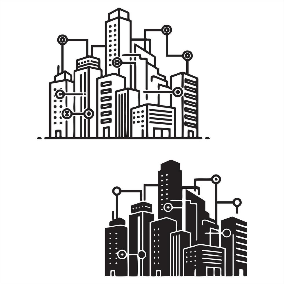 Connected cityscape with digital network elements vector