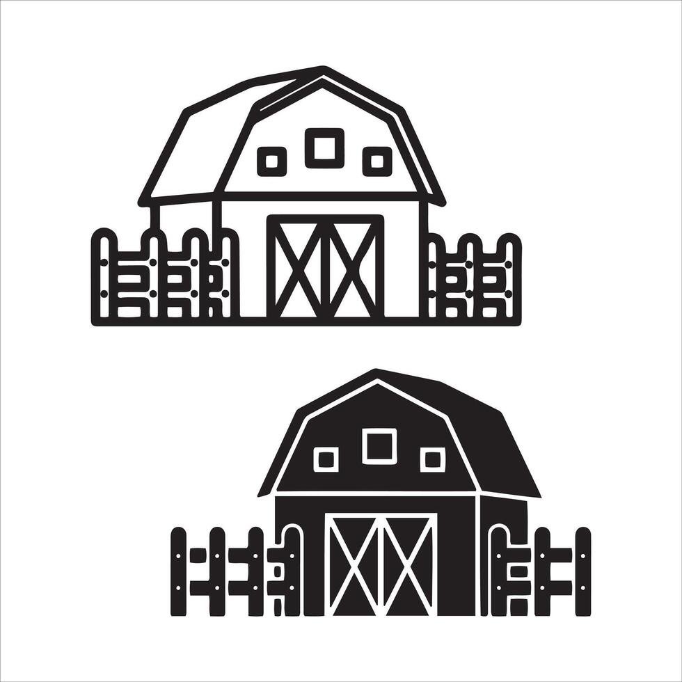 Simple barn and fence designs in outline and silhouette vector