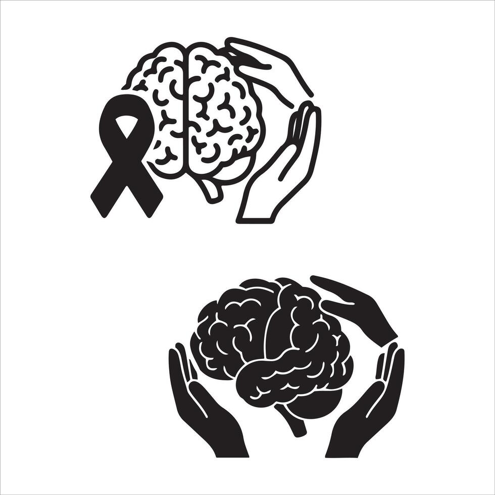 Hands gently protecting a human brain with a green awareness ribbon vector