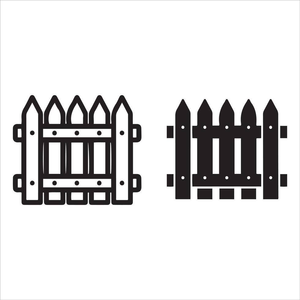 Two styles of wooden picket fences in outline and solid black vector