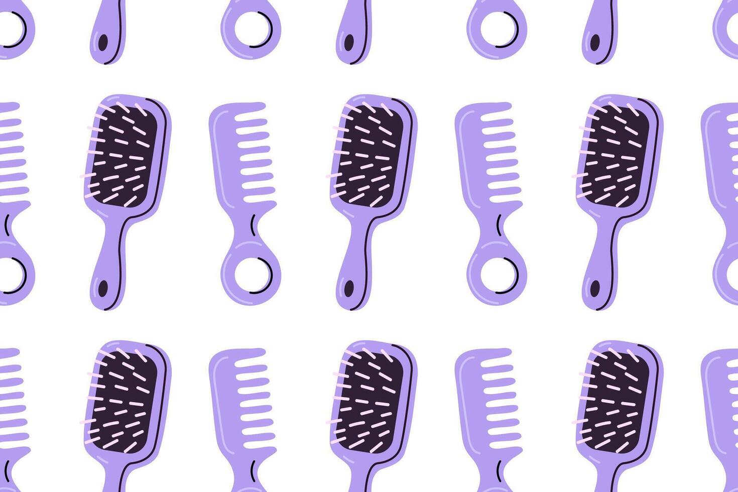 Haircare pattern featuring violet and lavender hairbrushes and combs with circular handles vector