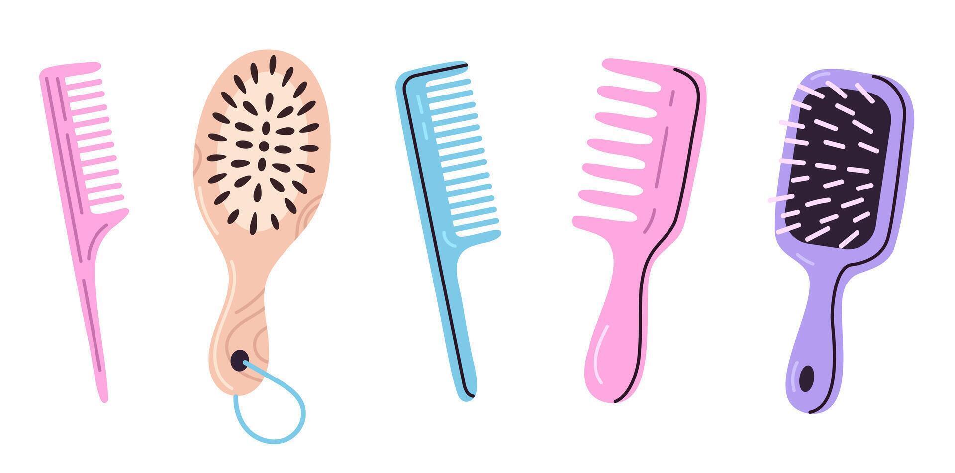 Compact collection of plastic hairbrush and combs in pastel tones for hair grooming vector