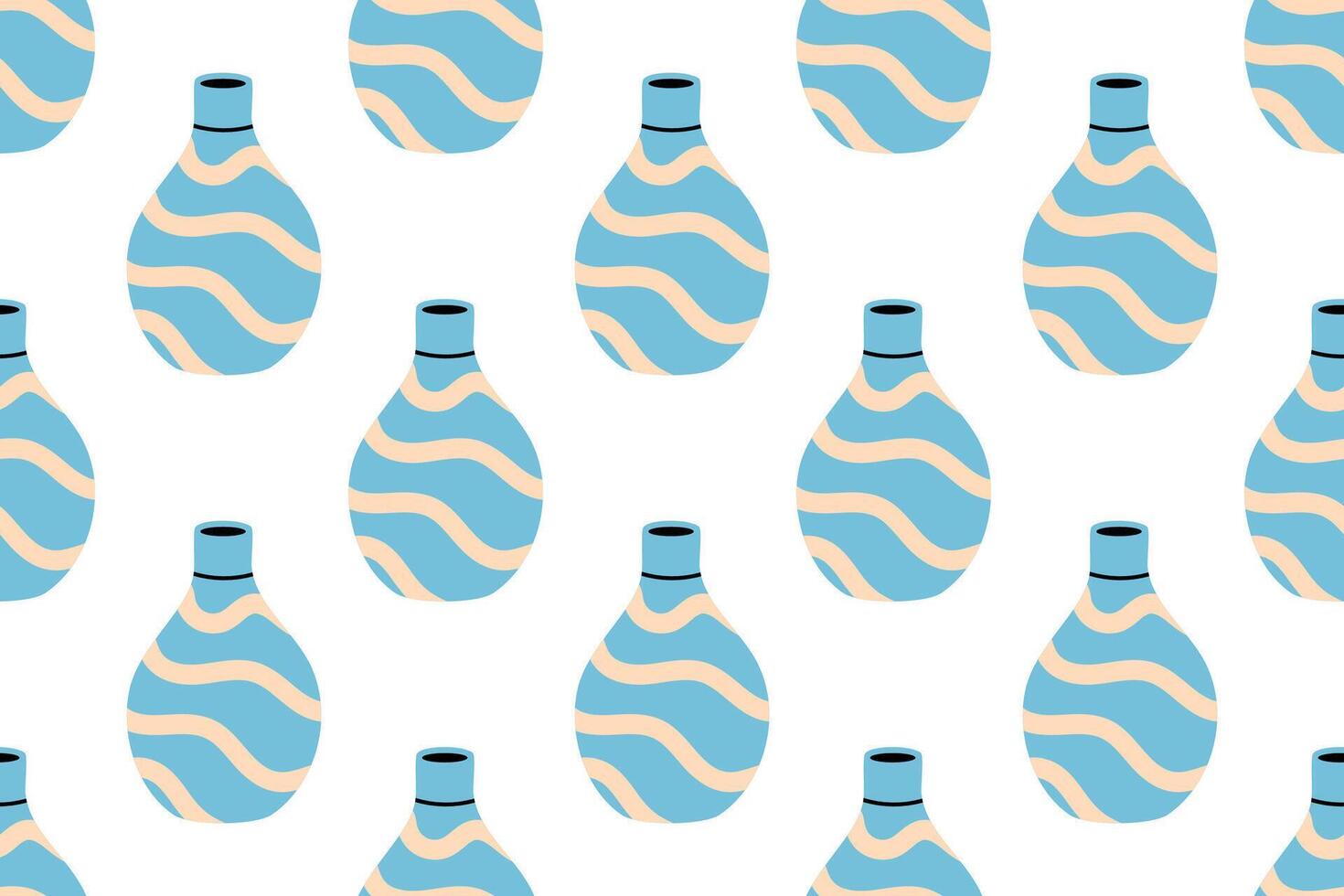 Repeating pattern of blue ceramic vases with beige wavy lines on white background vector