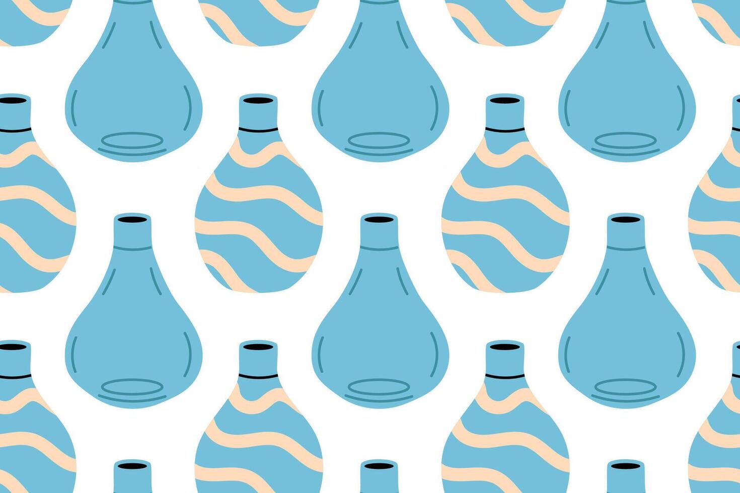 Pattern with blue decorative vases and wavy shapes on white background vector