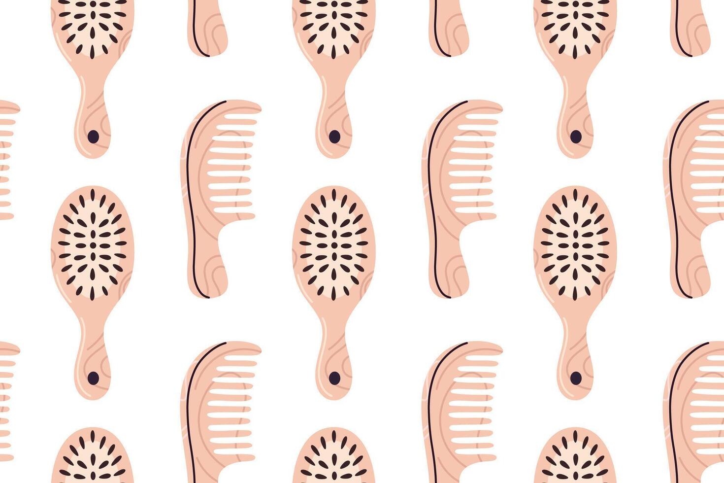 Repeating pattern of wooden hairbrushes and combs in natural beige tones for haircare themes vector