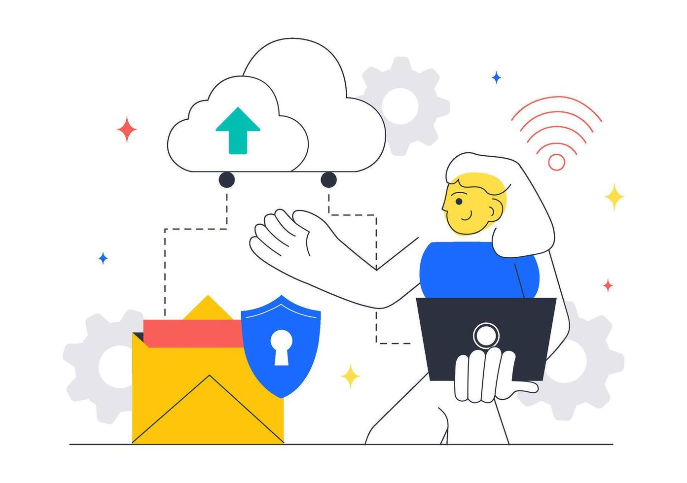 Cloud Technology Illustration with Data Analytics, Server Monitoring, and Network Connections vector