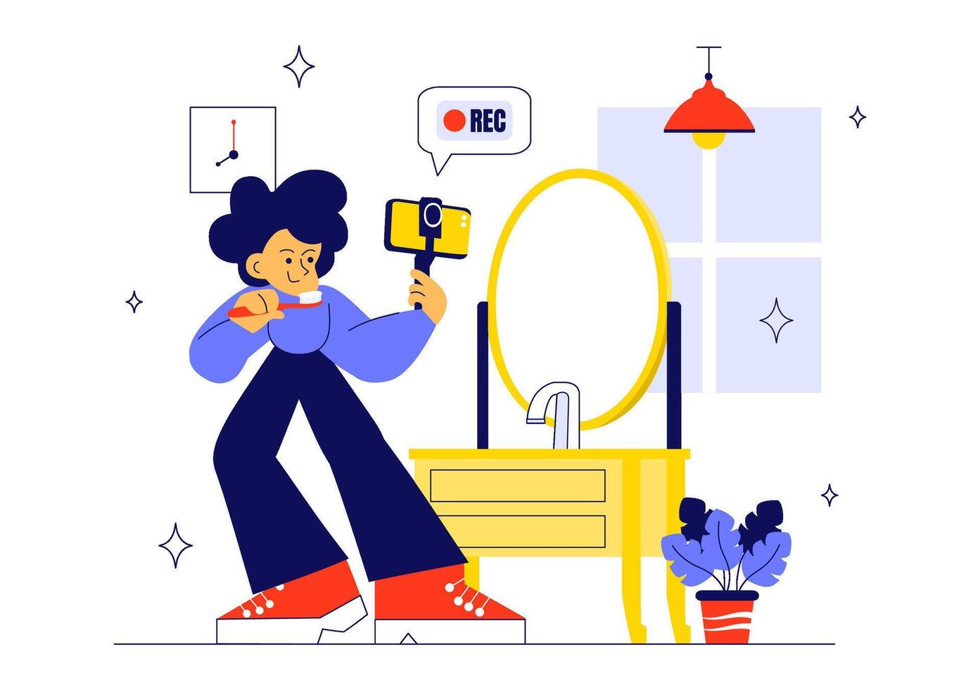 Influencer Daily Vlog Illustration with Live Streaming and Social Media Browsing in Flat Cartoon Style vector