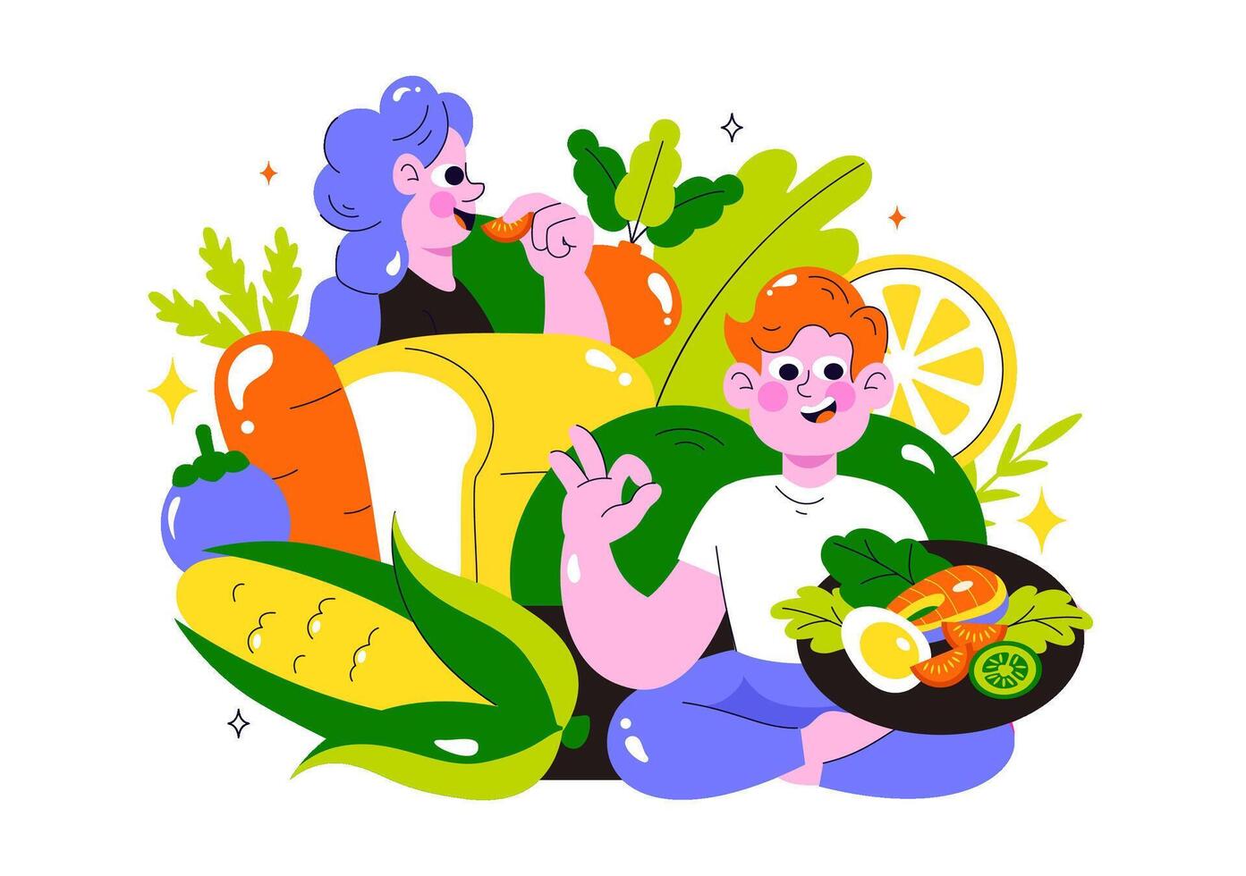 Illustration of people with vegetables and fruits vector