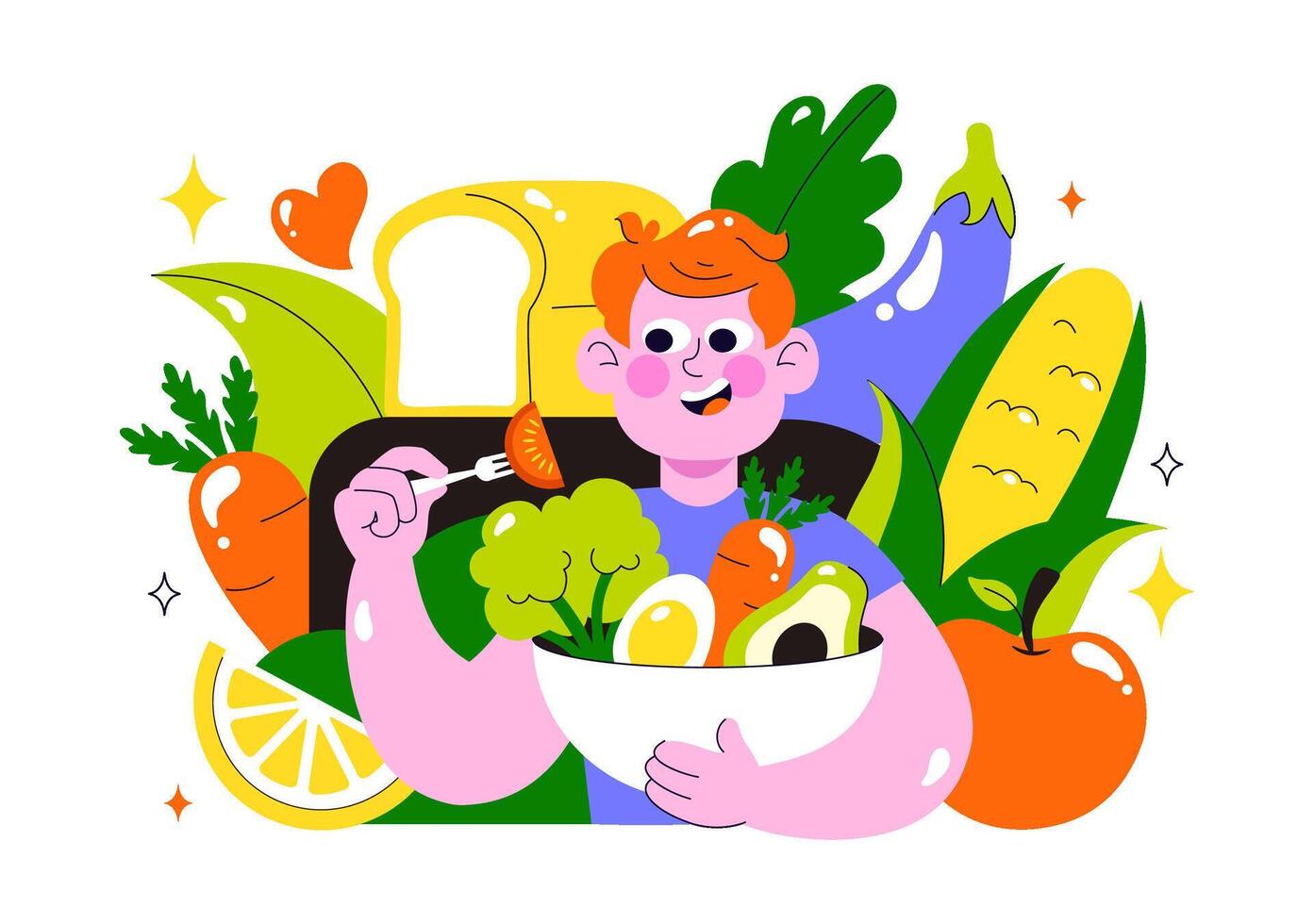 Boy eating a bowl of fresh vegetables vector