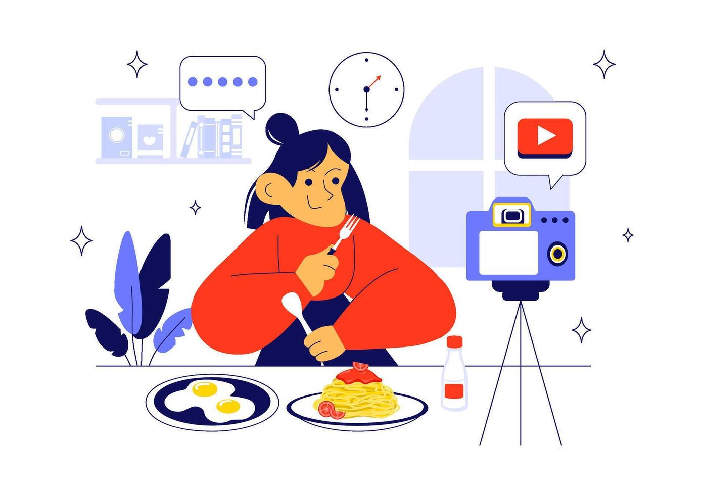 Content Creator Daily Routine Illustration with Live Stream and Mobile Browsing vector