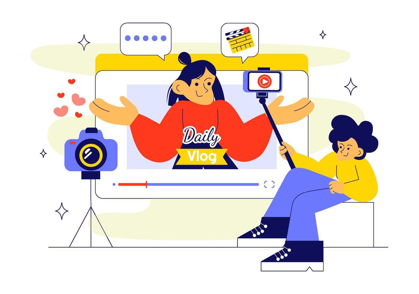 Flat Style Cartoon Illustration of an Influencer Creating a Lifestyle Vlog and Browsing Online Content vector