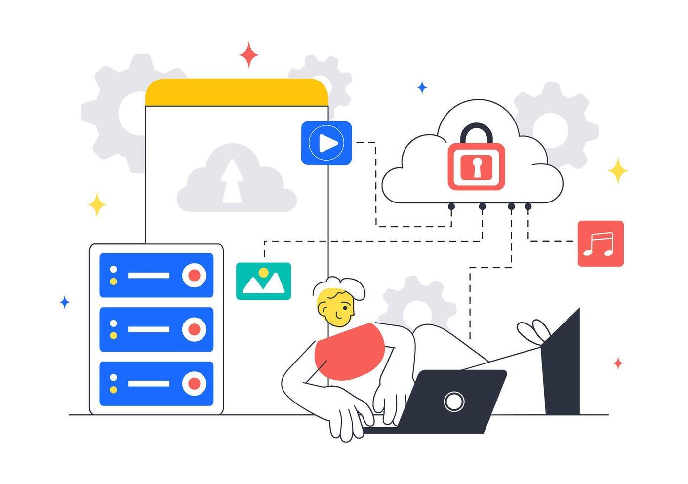 Cloud Server Illustration Featuring Data Management, Networking, and Analytics vector