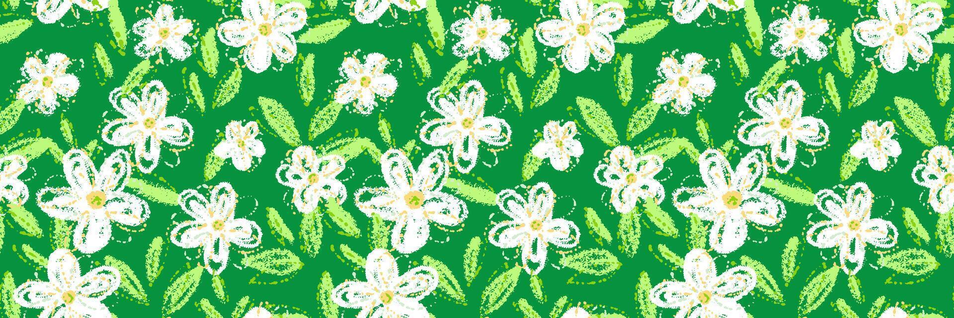 Seamless floral pattern with crayon style flowers and yellow centers on a vibrant green background. Abstract hand drawn texture, template for summer textiles and wrapping paper vector