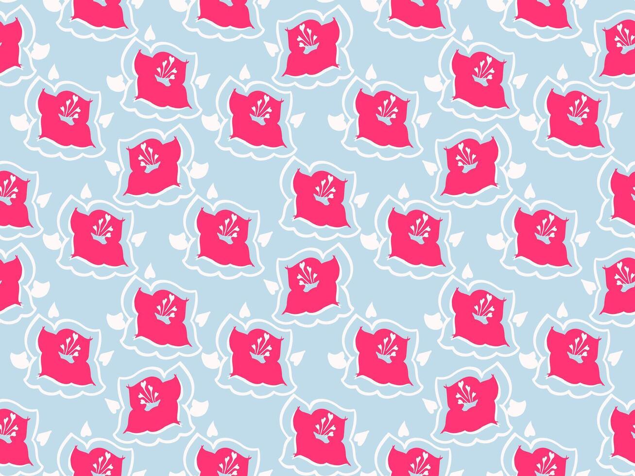 Playful seamless pattern featuring bold pink flowers with stylized outlines on a light blue background. Plain abstract print for kids products, textiles, stationery, or cheerful home decor designs. vector