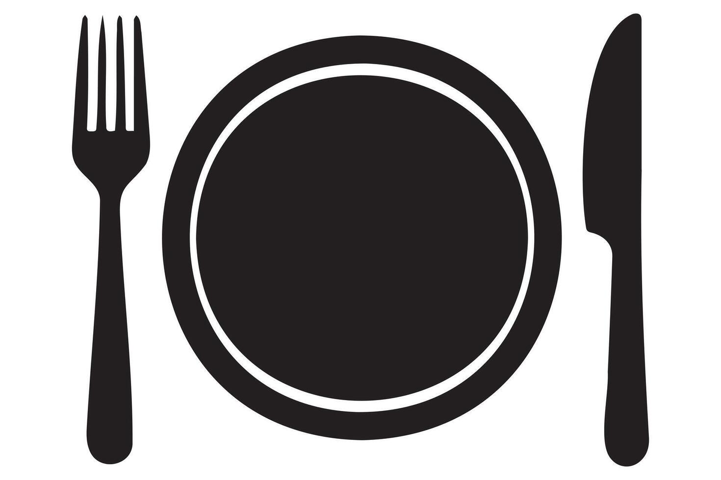 Minimalist silhouette icon of fork, spoon, knife and round plate vector