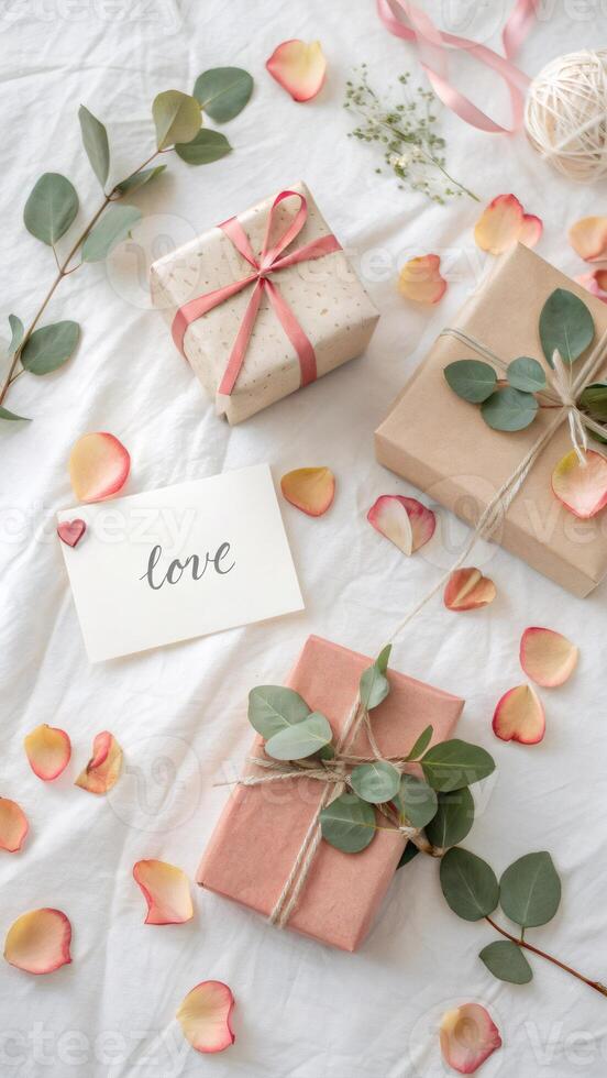 Gift boxes tied with rustic twine, embellished by soft eucalyptus sprigs, scattered rose petals highlighting romantic sentiments photo