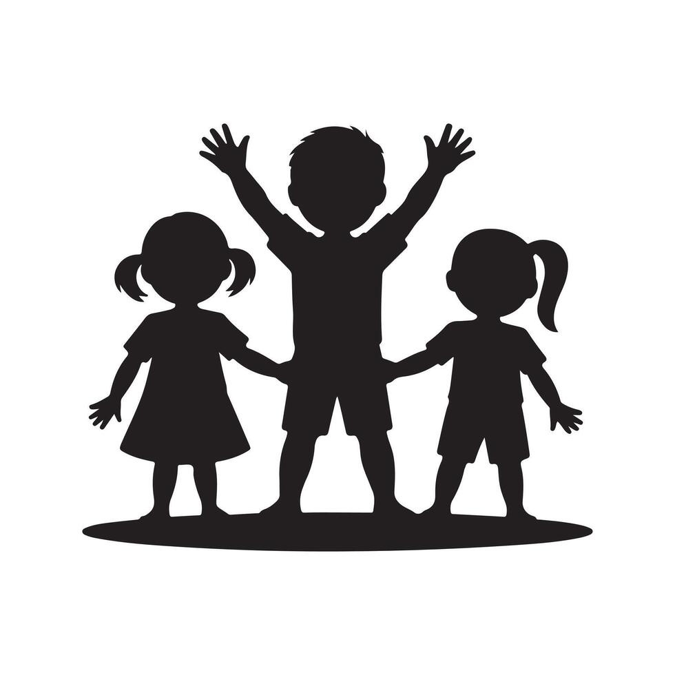 Happy children holding hands, a silhouette of friendship. vector