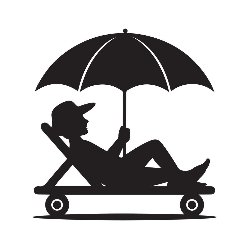 Silhouette of person relaxing under umbrella on a beach chair vector