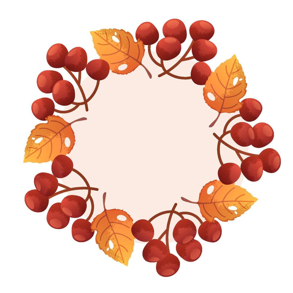 Autumn frame with red berries and yellow leaves. Fall wreath, round harvest garland. seasonal illustration. vector