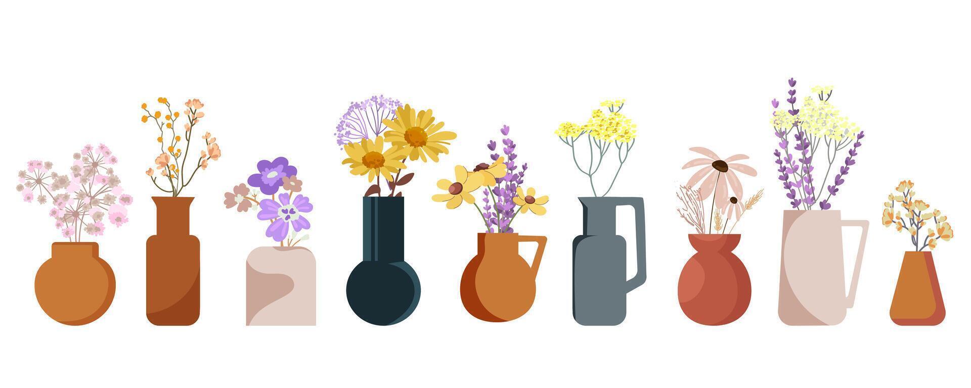 Colorful flower vases arrangement vector