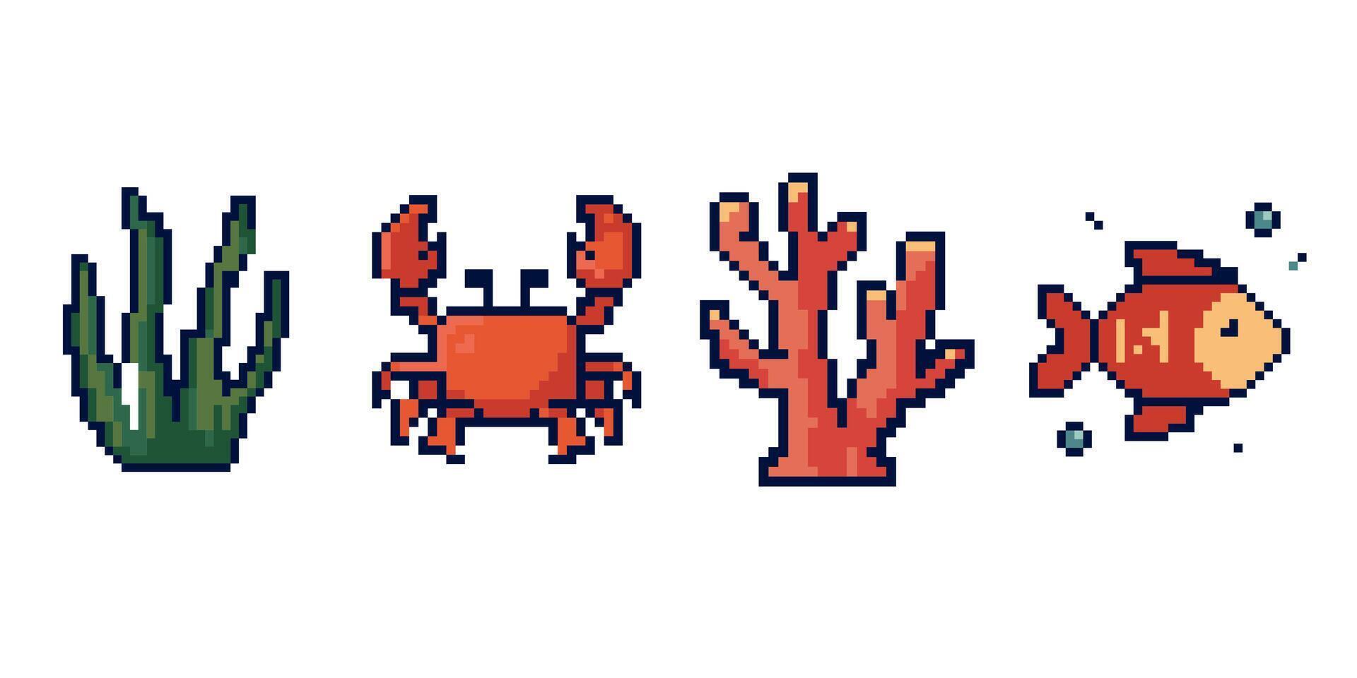 Sea Life Icons set with Crab Fish Coral and Seaweed Pixel Art. Marine life set in retro 8 bit style. Game design app icons digital stickers and underwater themed projects. illustration vector