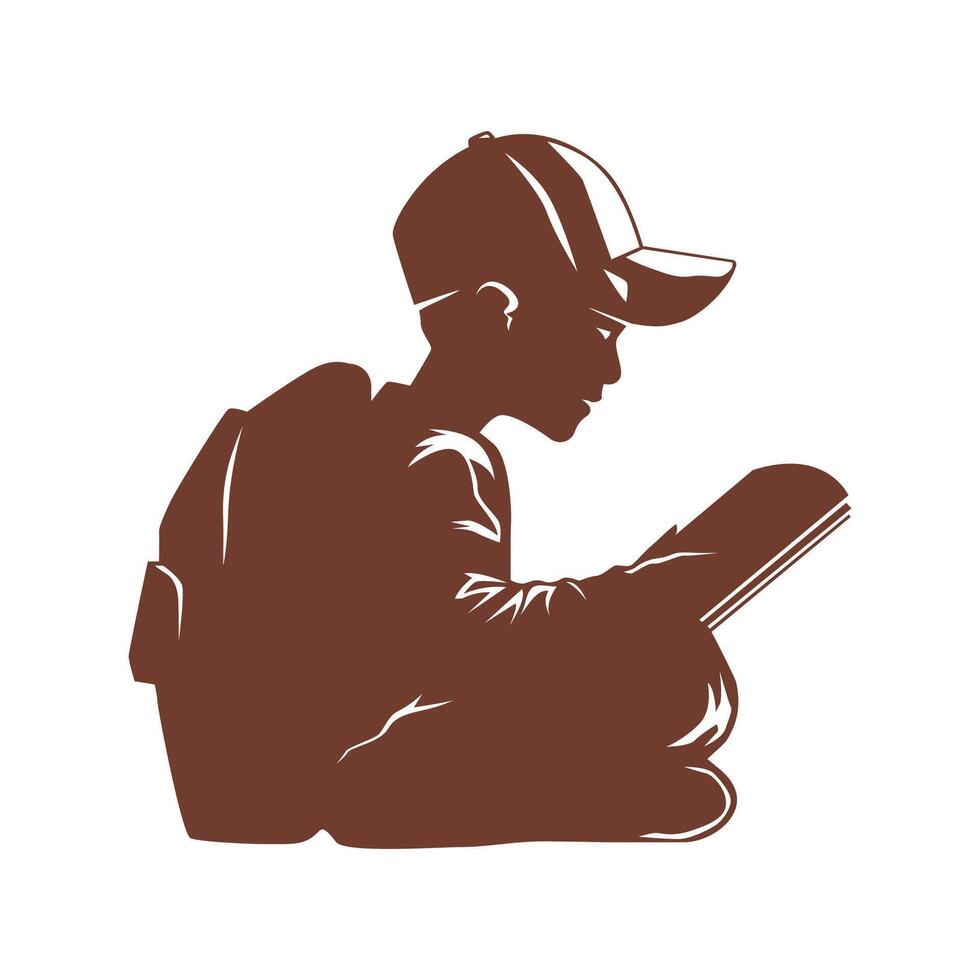 A School Boy Reading Quietly With Bag on His Back vector