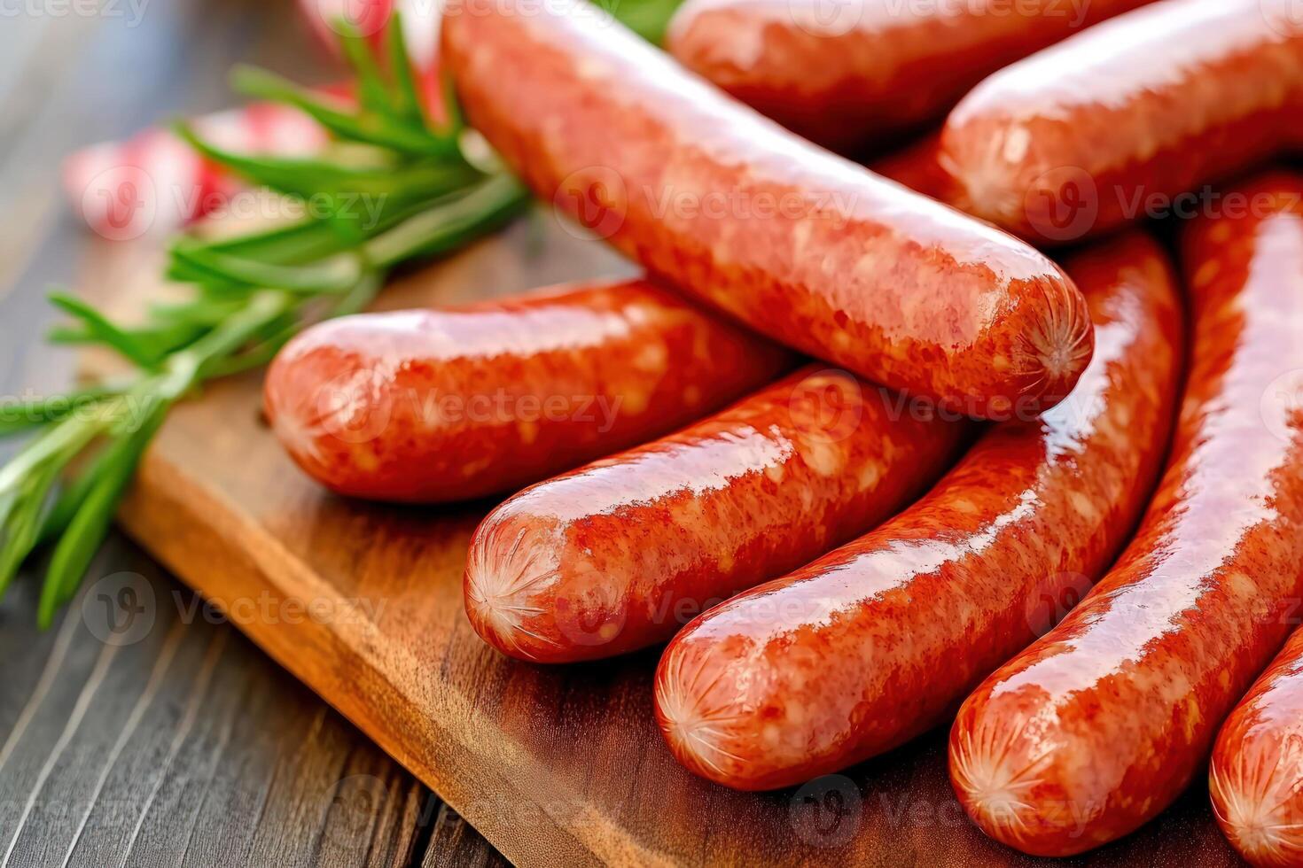Thin sausages, expertly seasoned with fragrant rosemary, lying on rustic wooden cutting board photo