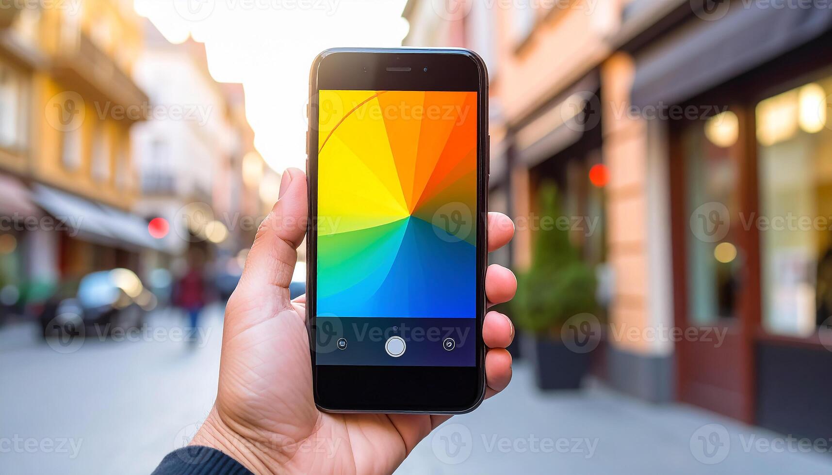 Capturing a Digital Rainbow Phone Camera with Color Wheel on a Sun-Kissed City Street. photo