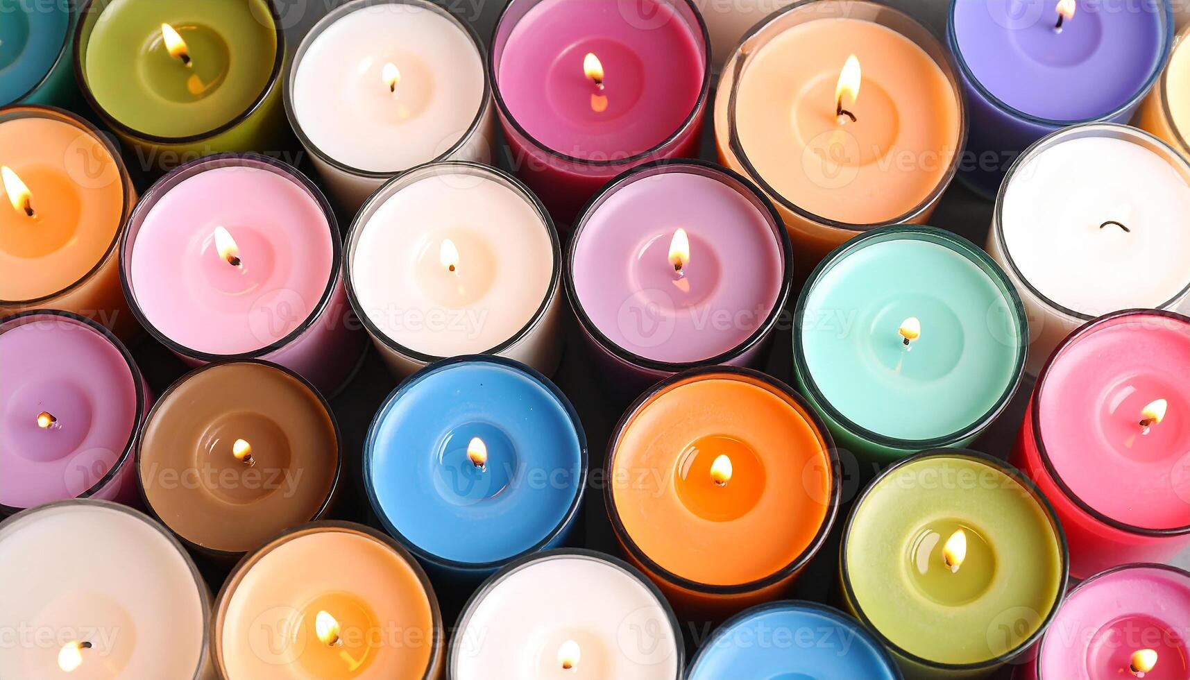 A Vibrant Array of Multicolored Lit Candles in Glass Votives, Top View photo