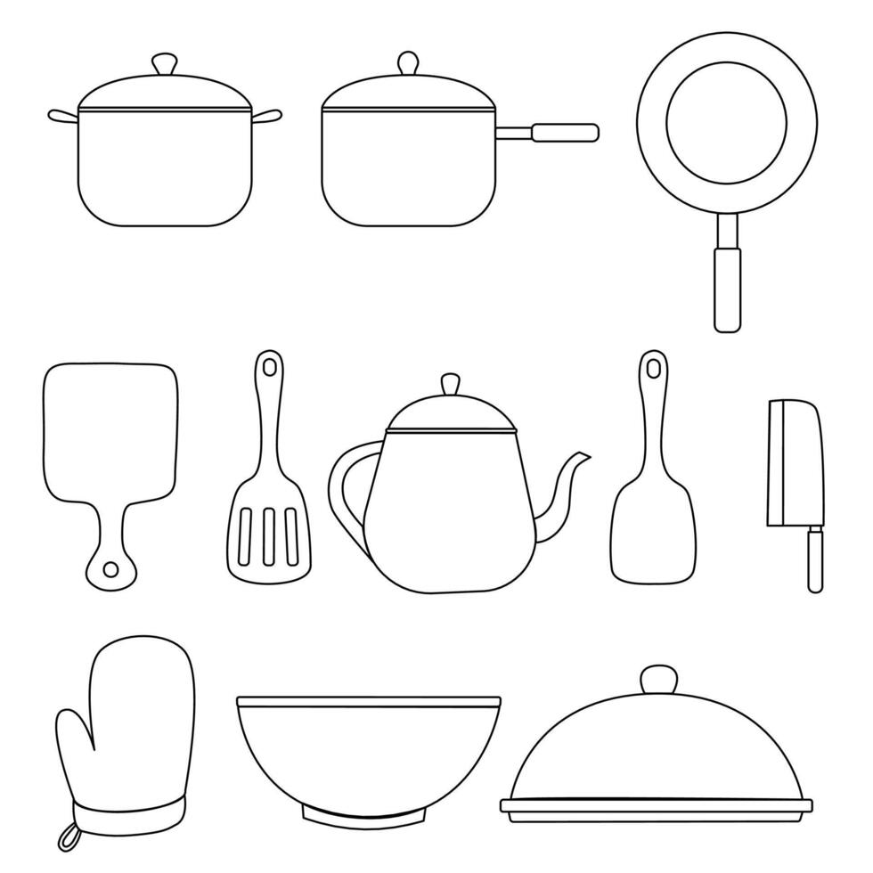 Kitchen utensils line art set. Pot, pan, spatula, cutting board and more illustration vector