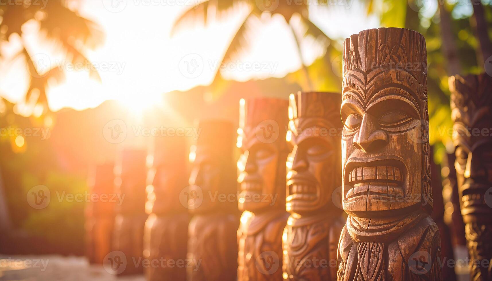 Row of Carved Tiki Guardians Illuminated by a Golden Tropical Sunset photo