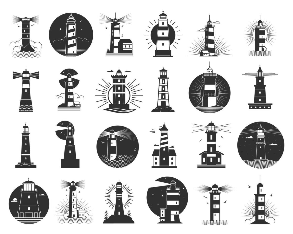 Lighthouses with bright beams pointing out to sea. Set of minimalist black beacons logos. Signal towers symbolize coastal shipping safety. For branding, emblems and labels. Flat illustration vector