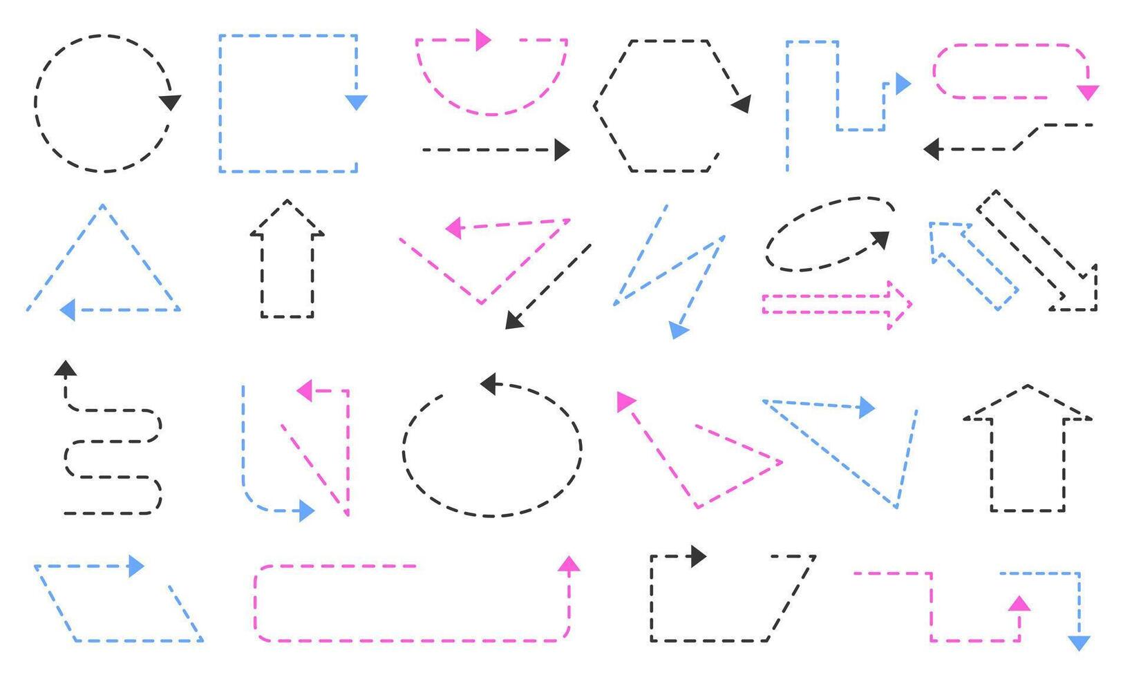 Dash line arrows. Dotted sketchy direction arrow marks, simple curved straight arrowed pointers and dynamic movement signs. dashed arrows isolated set vector