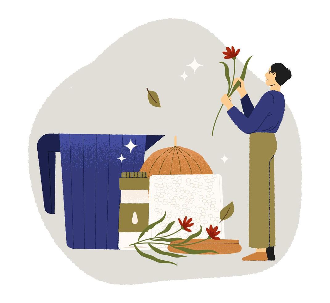 Person arranging flowers and decor items vector