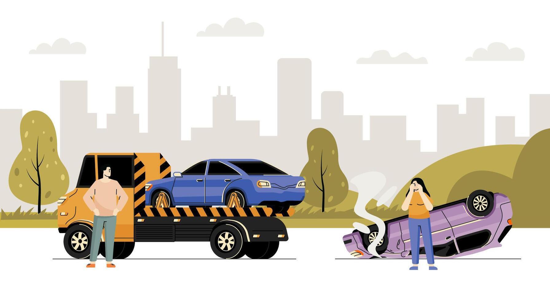 Car accident with tow truck and overturned vehicle vector