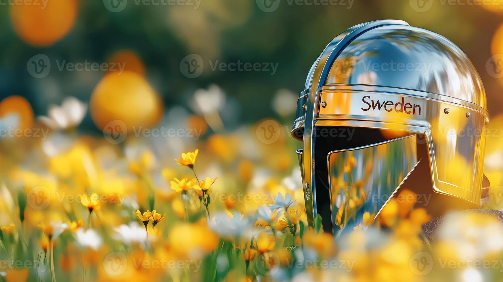 Polished viking helmet inscribed with Sweden resting in field of yellow and white wildflowers photo