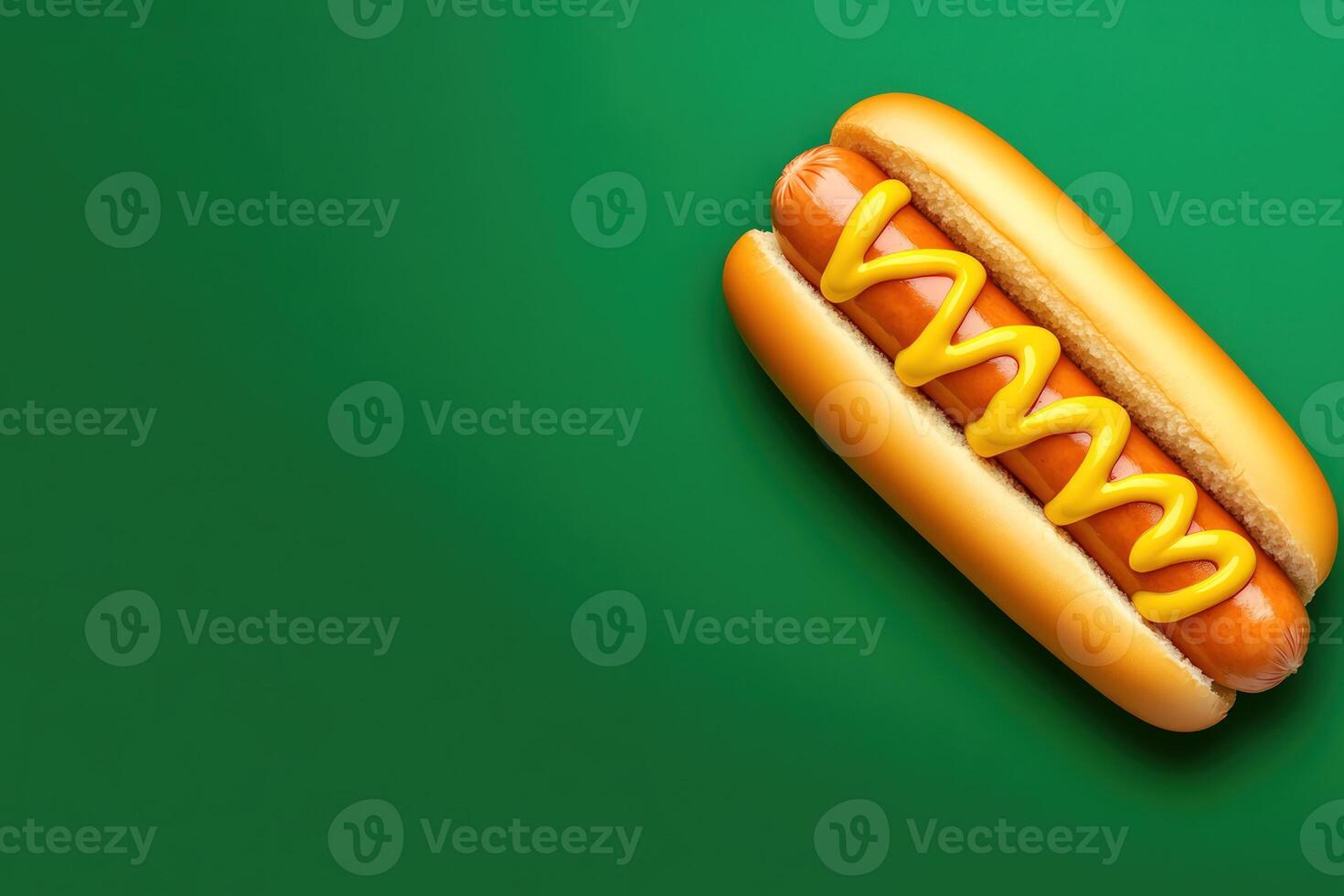 Delicious hot dog, nestled in soft bun and topped with generous zigzag of mustard, copy space photo