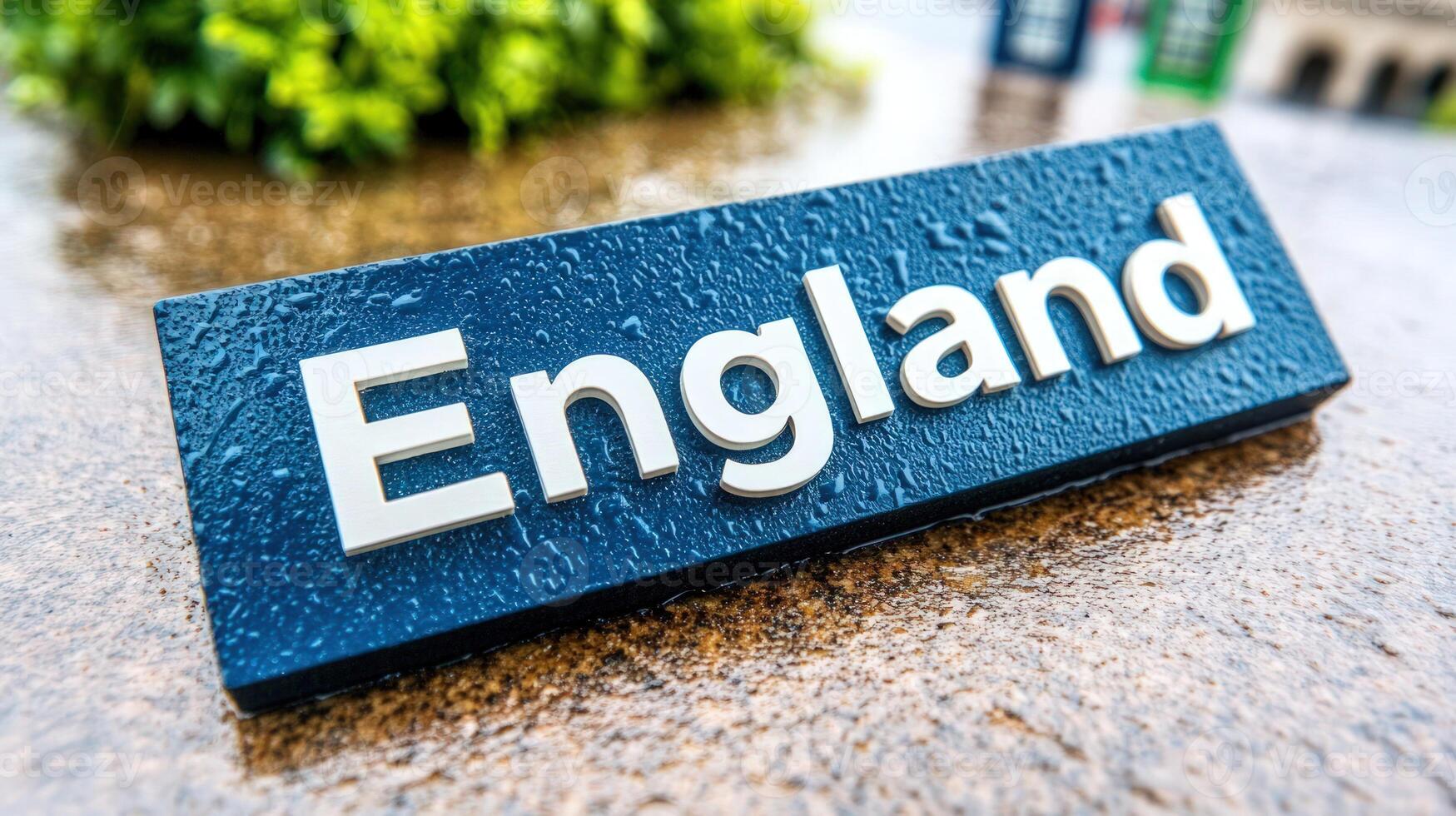White England sign lying on wet surface with water droplets on it after rain shower photo