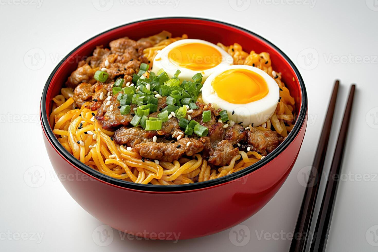 Red bowl of ramen noodles with chopsticks, sliced egg, meat and chopped chives photo