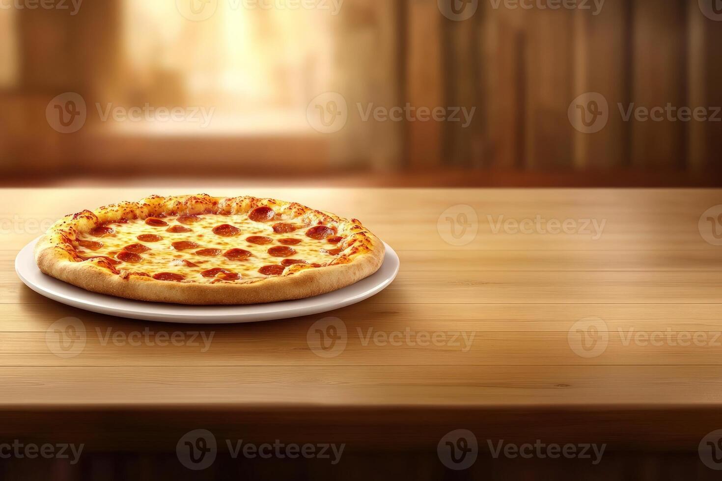 Whole pepperoni pizza sits on white plate on wooden table on blurred rustic background, copy space photo