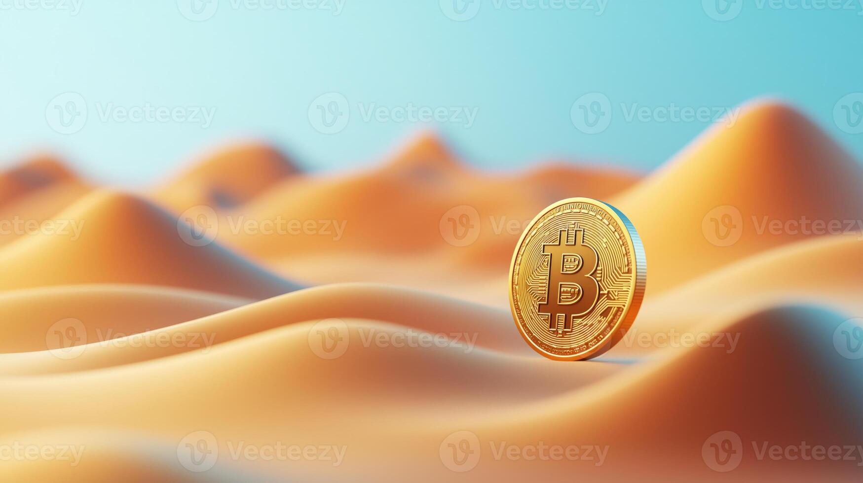 Golden bitcoin stands on sandy surface with dunes in background, copy space photo