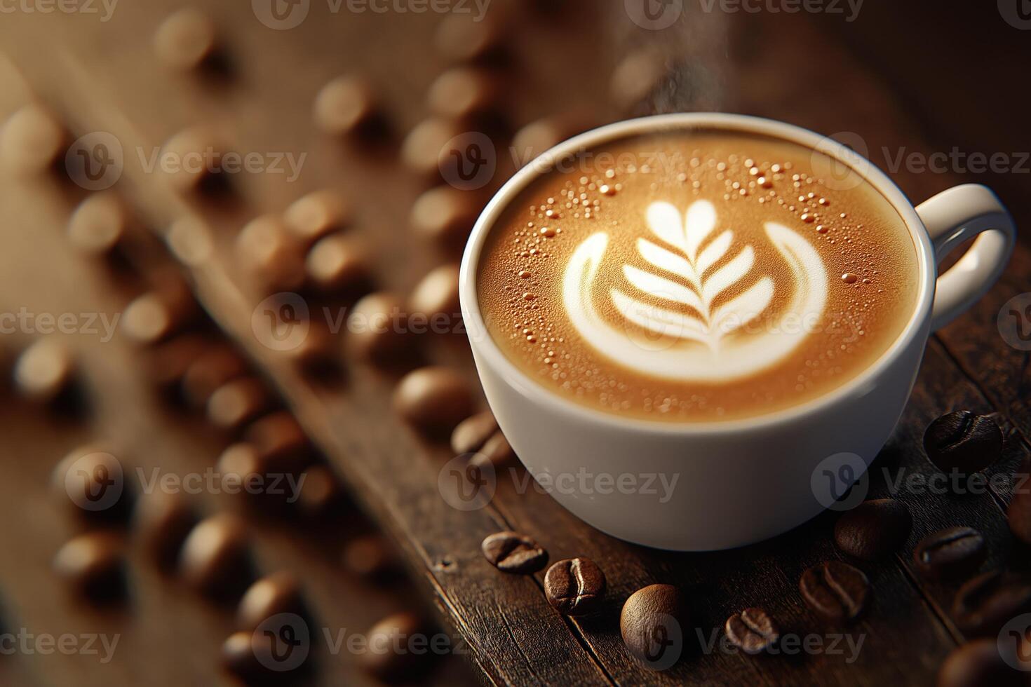 Steaming cup of latte art coffee on rustic wooden table with roasted coffee beans, copy space photo