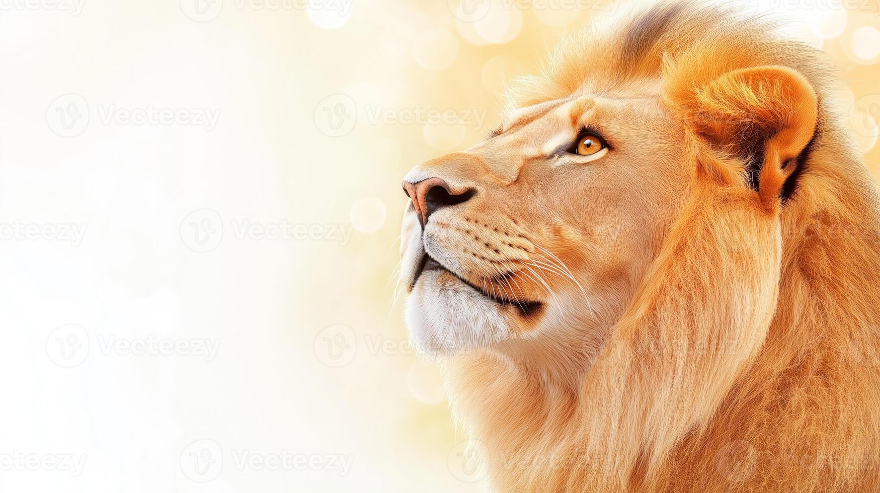 Majestic lion with thick mane on light background, copy space photo