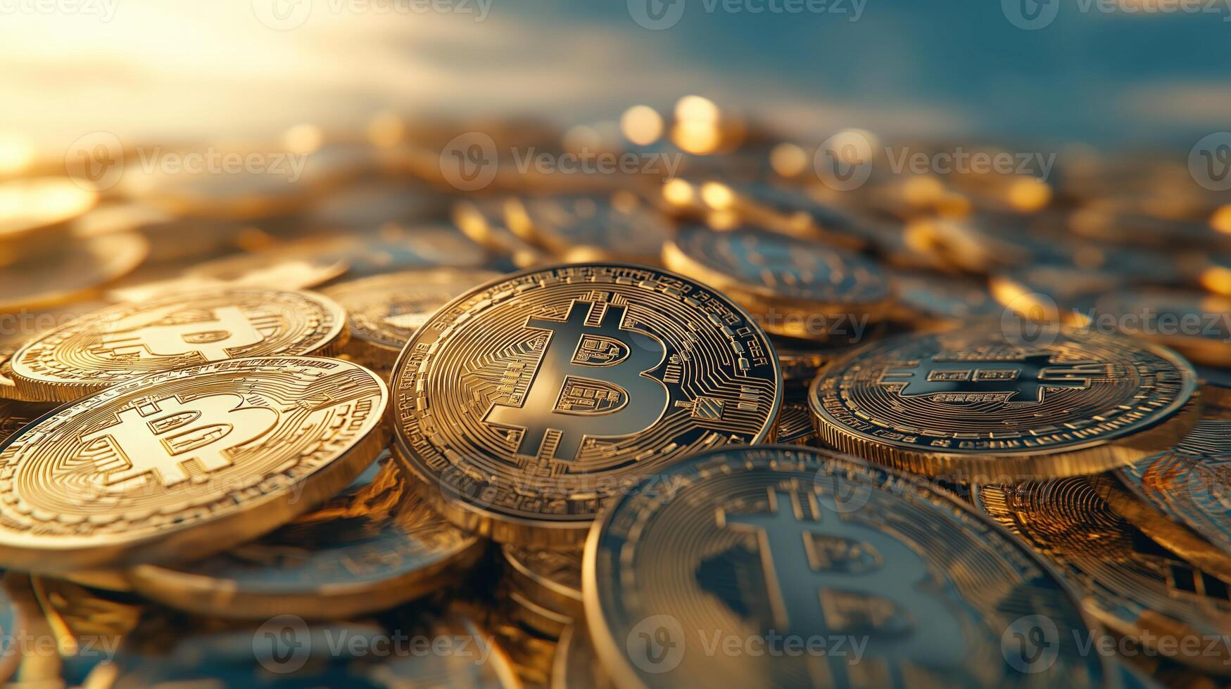 Numerous gold bitcoin coins piled together, creating visual representation of wealth photo