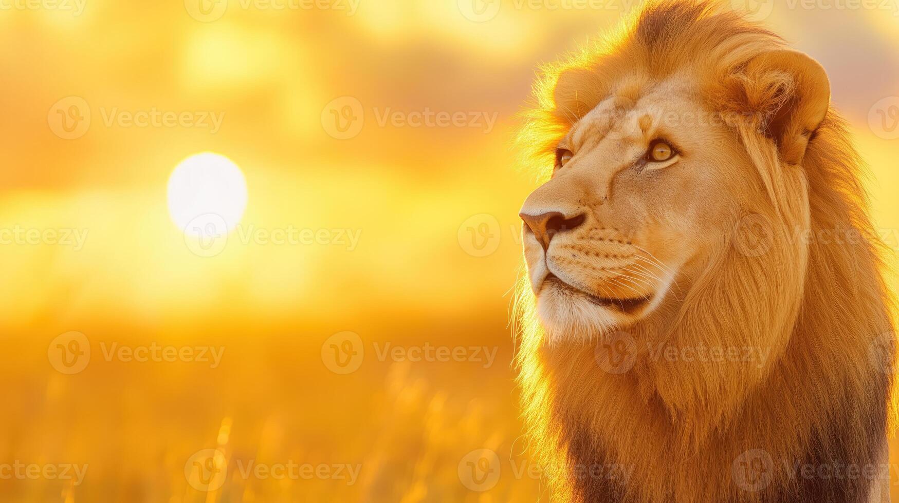 Majestic lion with thick mane is illuminated by warm glow of setting sun in african savanna photo