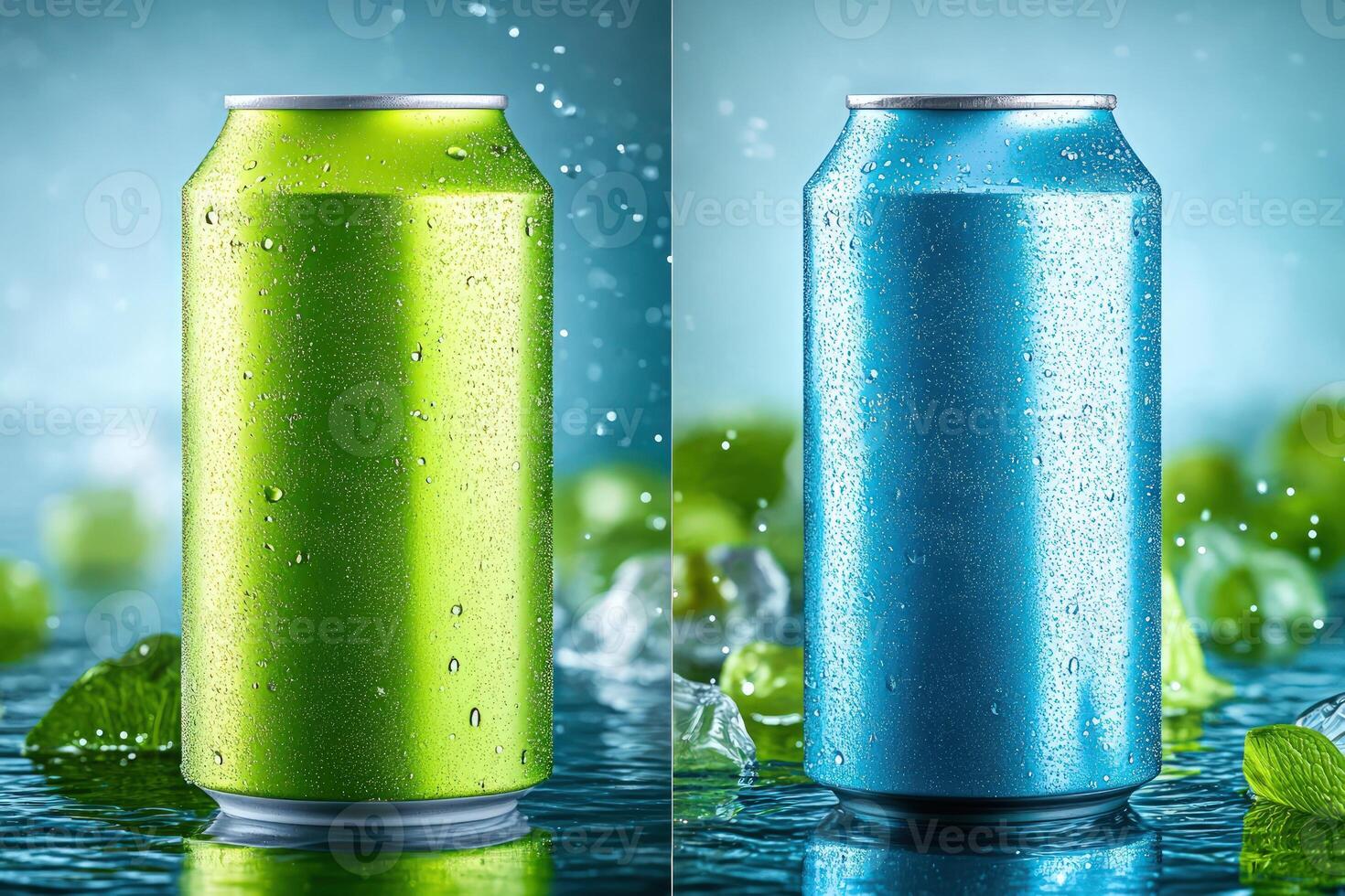 Two aluminum soda cans, one blue and one green, with water droplets, surrounded by mint leaves photo