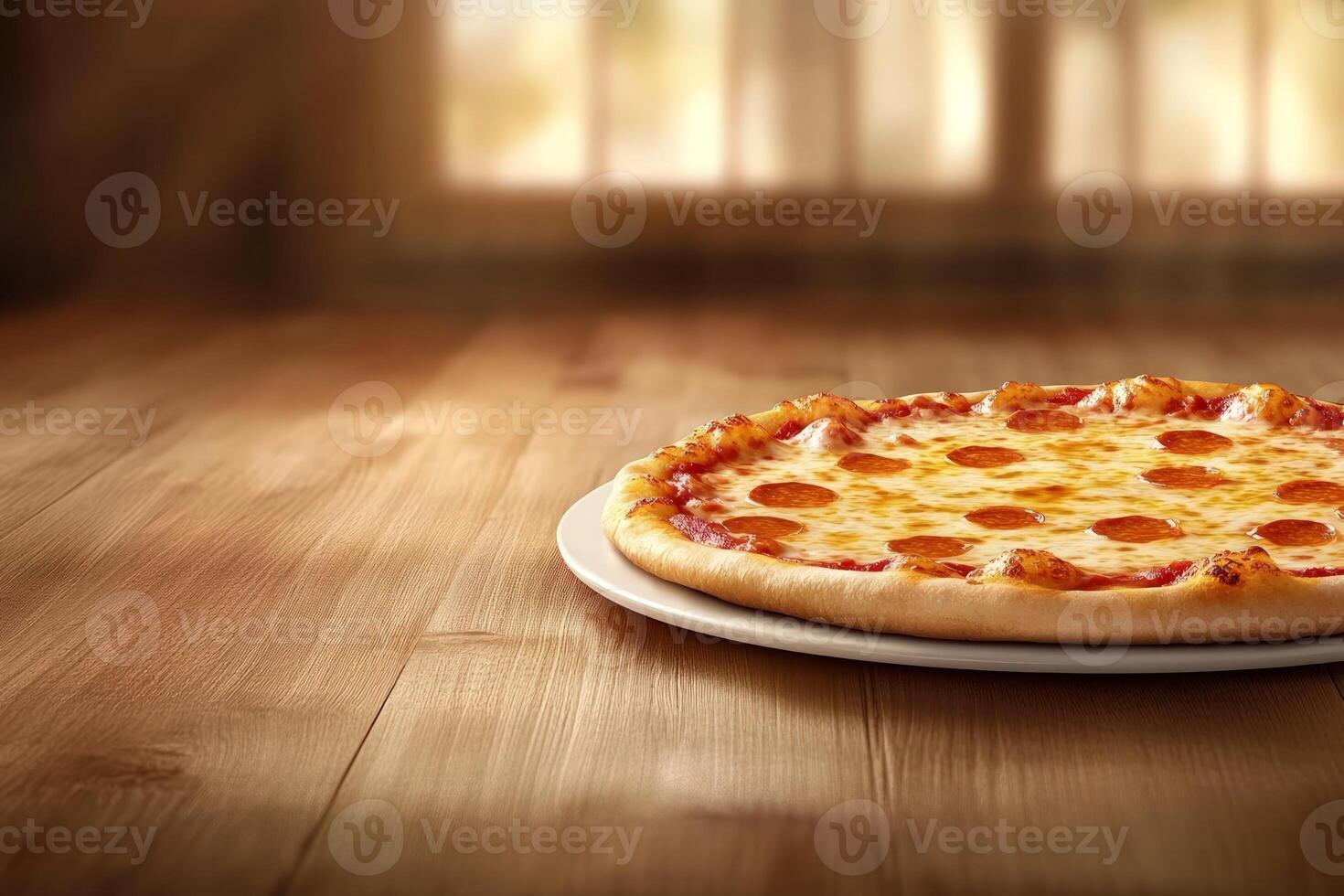 Whole pepperoni pizza sits on white plate on wooden table on rustic background, copy space photo