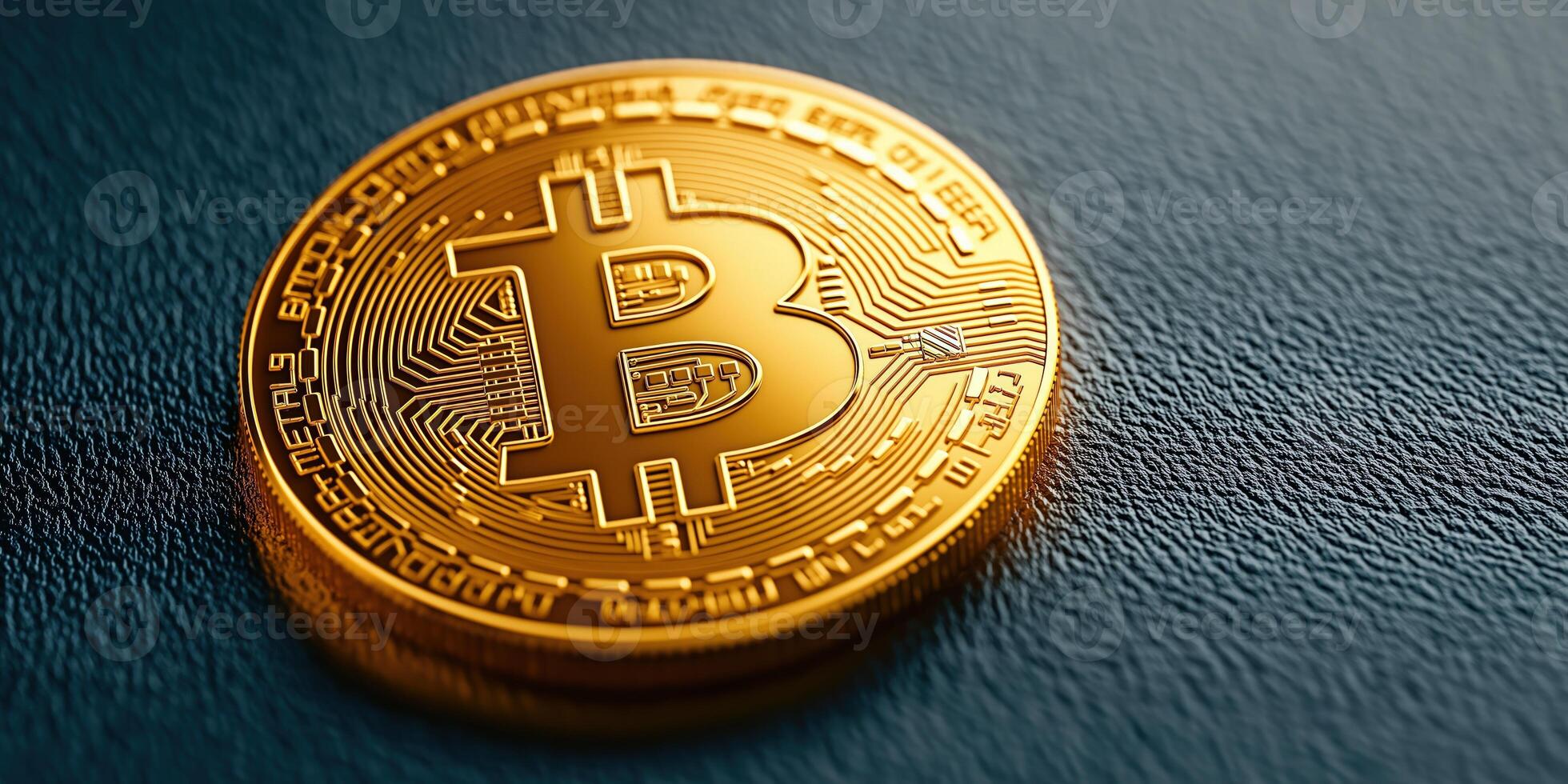 Golden bitcoin coin on dark blue background photo
